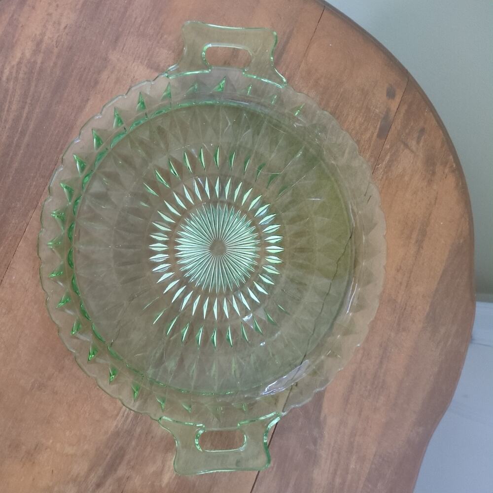 Jeanette Windsor Diamond Green Uranium Glass Round Handled Serving Platter